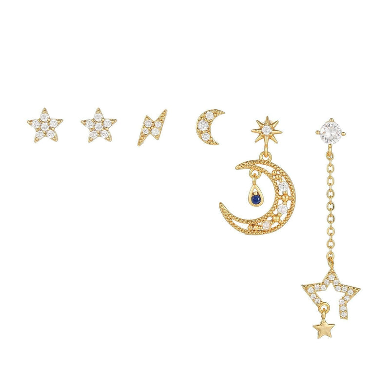 Stacking 6 Pieces Starry Night Earring Set, 18k Gold Celestial Stud Drop, S925 Needle, Stacked Lobe Designs with Dazzling Zirconia
