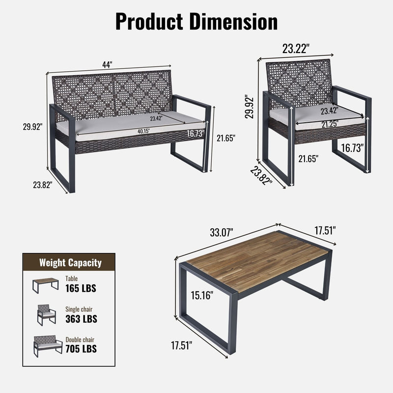 4 Piece Patio Furniture Set With Acacia Wood Table Top And Cushions