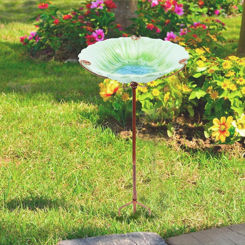 26 Inch Height Glass Birdbath Birdfeeder with Metal Stake Garden Outdoor Green