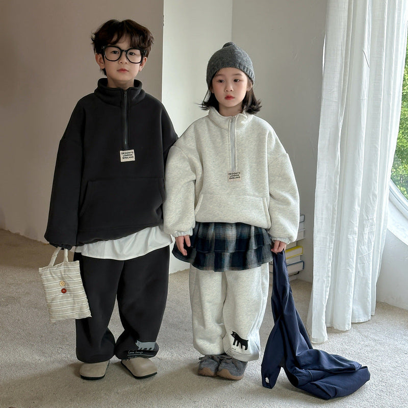 Winter Clothes For Boys And Girls Korean-style Labeling Half Zipper Two-piece Set