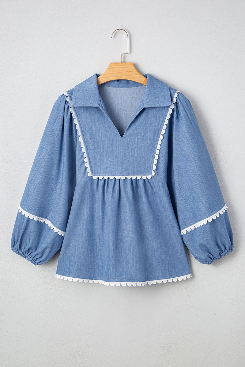 Nevaeh Lace Ric Rac 3/4 Puff Sleeve Collared Babydoll Blouse