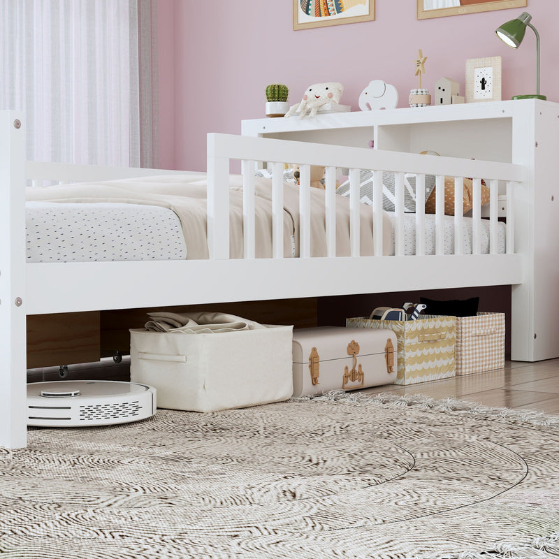 Bed With Headboard Storage Rack, 2 Under Bed Drawers, 3 Side Guardrails For Safety