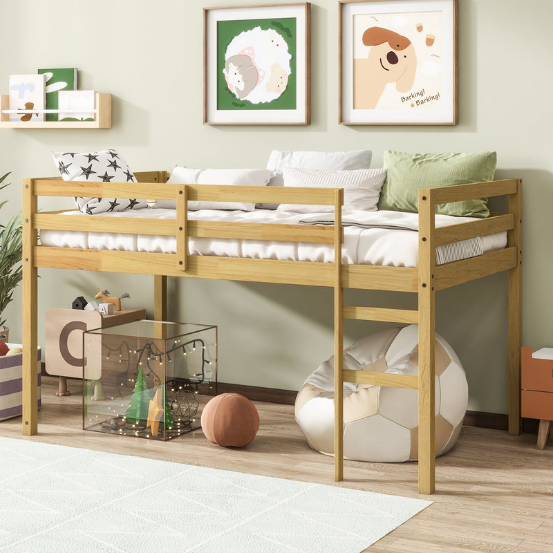 Solid Wooden, Rubber Wooden Twin Loft Bed with Ladder, Bed Platform of Strengthened Slats, Natural