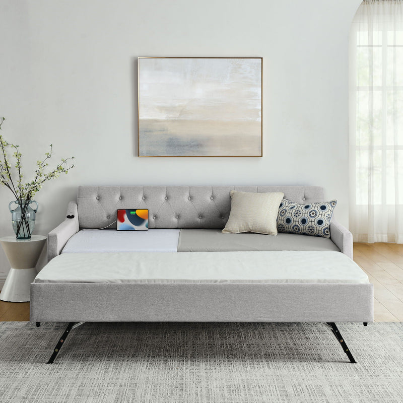 Size Upholstered Daybed With Trundle And USB Charging Armrest