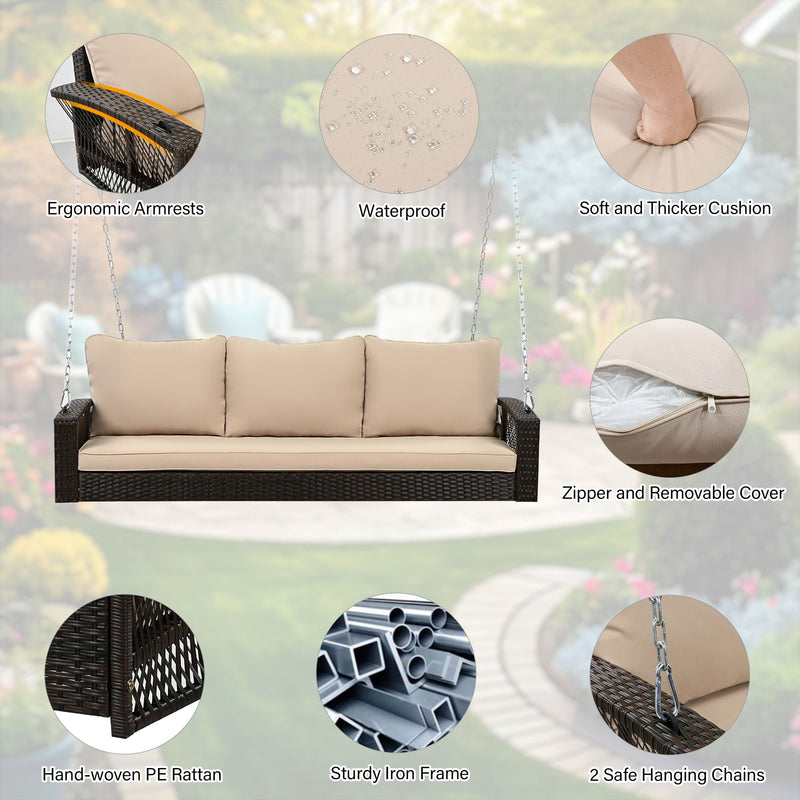3 Person Large Patio Swing Bench With Cushions For Backyard