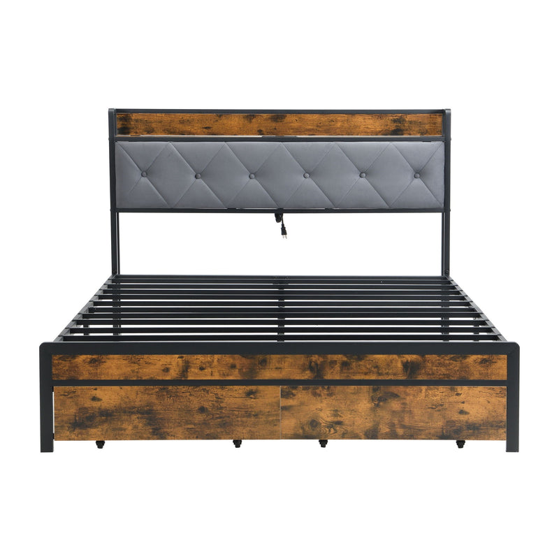 Modern Bed Frame With LED Lights, Upholstered Headboard, USB Charging