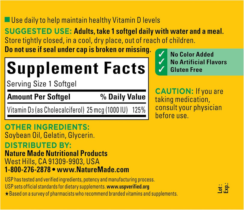 Vitamin D3 1000 IU (25 Mcg), Dietary Supplement for Bone, Teeth, Muscle and Immune Health Support, 180 Softgels, 180 Day Supply