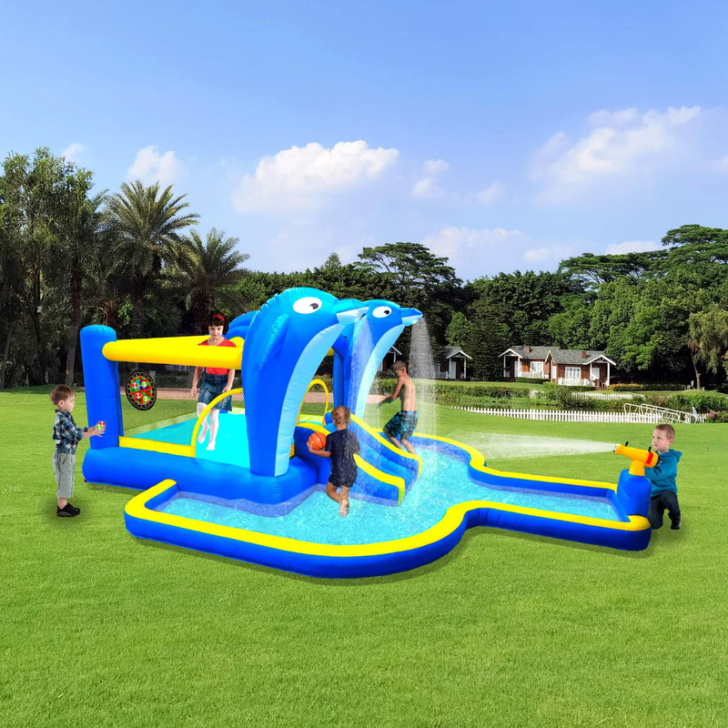 8-In-1 Inflatable Water Park Bounce House with Sprinkler, Water Gun, And Basketball Hoop (SAK38152)