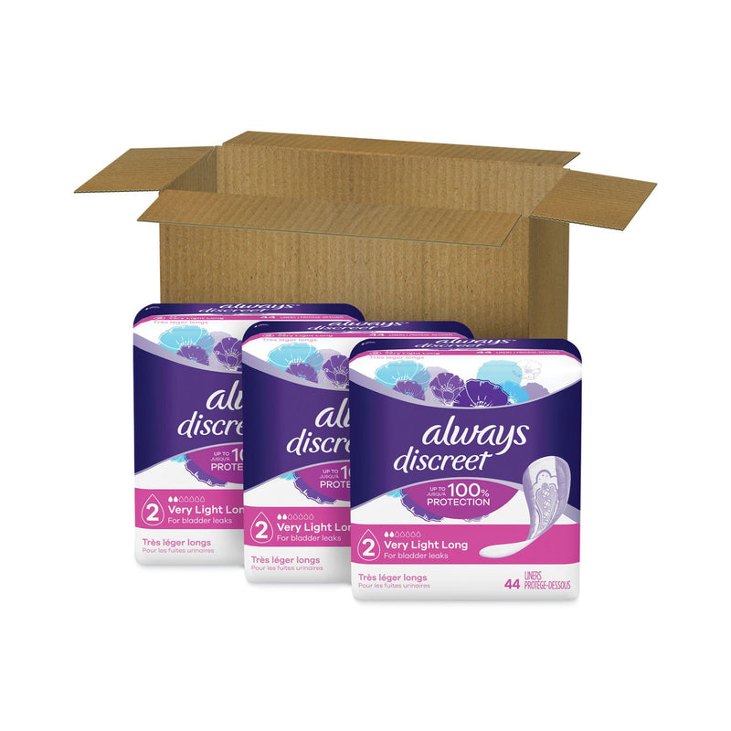 Always Discreet Incontinence Liners, Very Light Absorbency, Long, 44/Pack, 3 Packs/Carton
