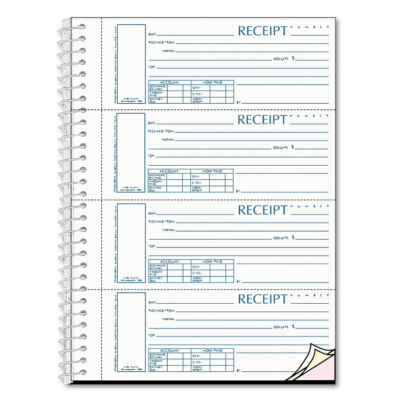 Rediform Spiralbound Unnumbered Money Receipt Book, Three-Part Carbonless, 7 x 2.75, 4/Page, 120 Forms