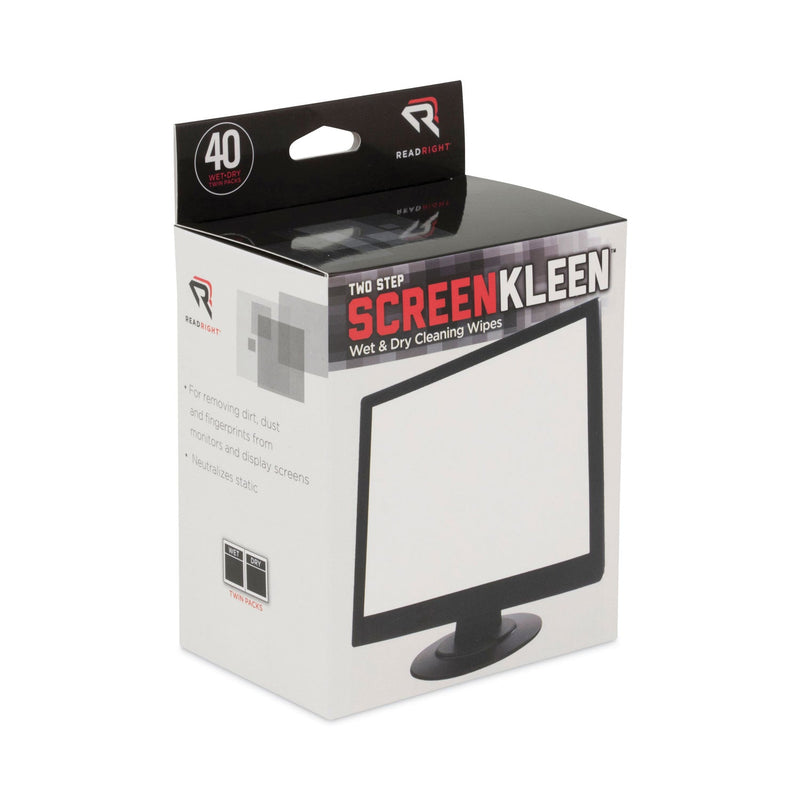 Read Right Two Step ScreenKleen Wet and Dry Cleaning Wipes, 5 x 5, 40/Box