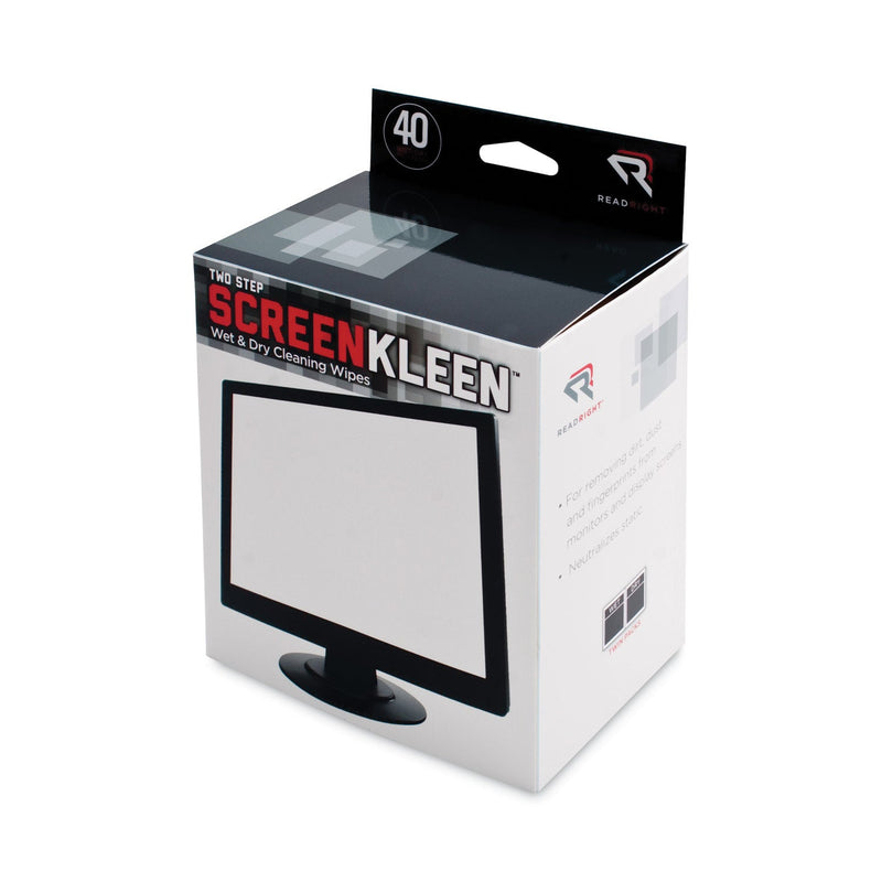 Read Right Two Step ScreenKleen Wet and Dry Cleaning Wipes, 5 x 5, 40/Box