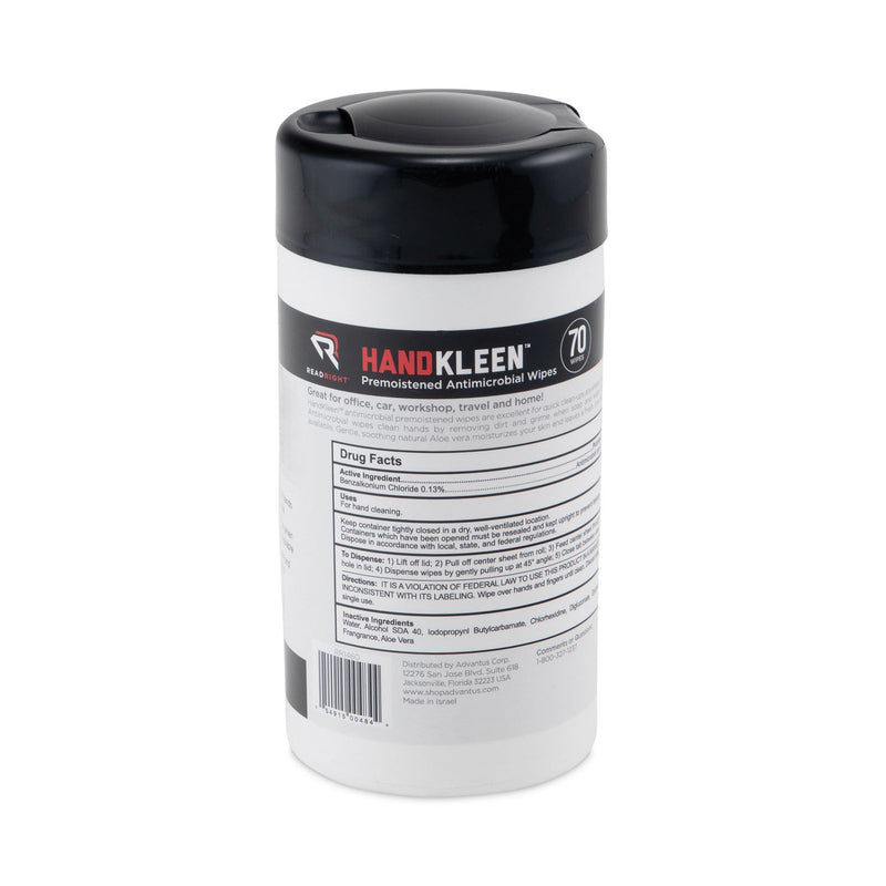 Read Right HandKleen Premoistened Antibacterial Wipes, Cloth, 5.5 x 6.5, 70/Tub