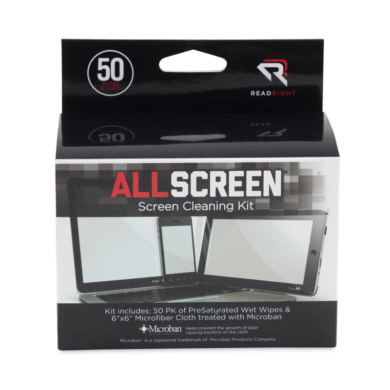 Read Right AllScreen Screen Cleaning Kit, 50 Individually Wrapped Presaturated Wipes, 1 Microfiber Cloth/Box