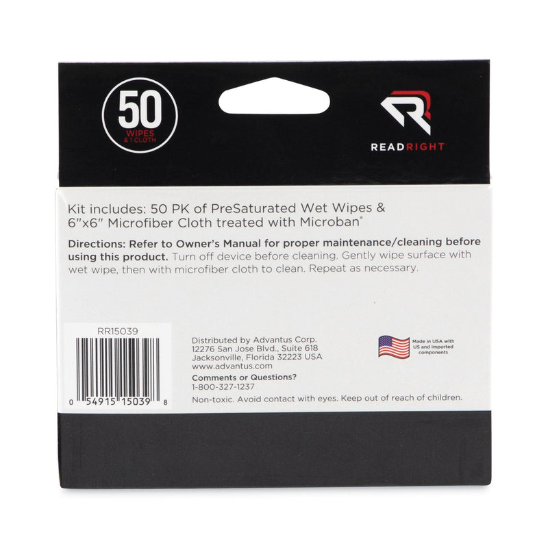 Read Right AllScreen Screen Cleaning Kit, 50 Individually Wrapped Presaturated Wipes, 1 Microfiber Cloth/Box