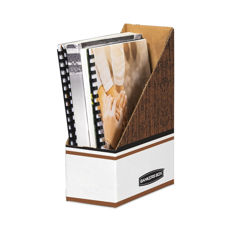 Bankers Box Corrugated Cardboard Magazine File, 4 x 11 x 12.25, Wood Grain, 12/Carton