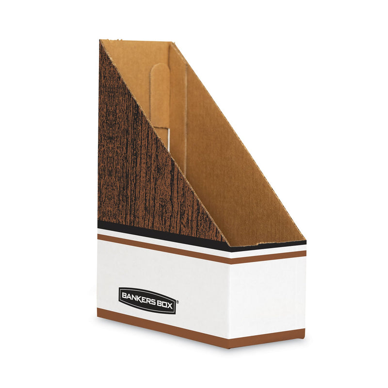 Bankers Box Corrugated Cardboard Magazine File, 4 x 11 x 12.25, Wood Grain, 12/Carton