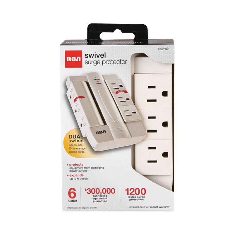 RCA 6 Outlet Swivel Surge Protector, 6 AC Outlets, 1,200 J, White