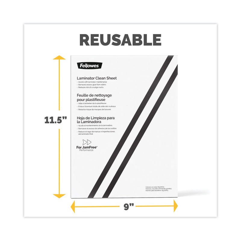Fellowes Laminator Cleaning Sheets, 3 to 10 mil, 8.5" x 11", White, 10/Pack