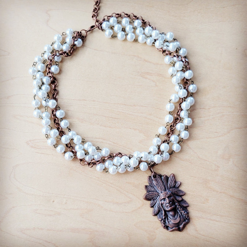 Pearl and Copper Beaded Collar Necklace w/ Indian Pendant 260q