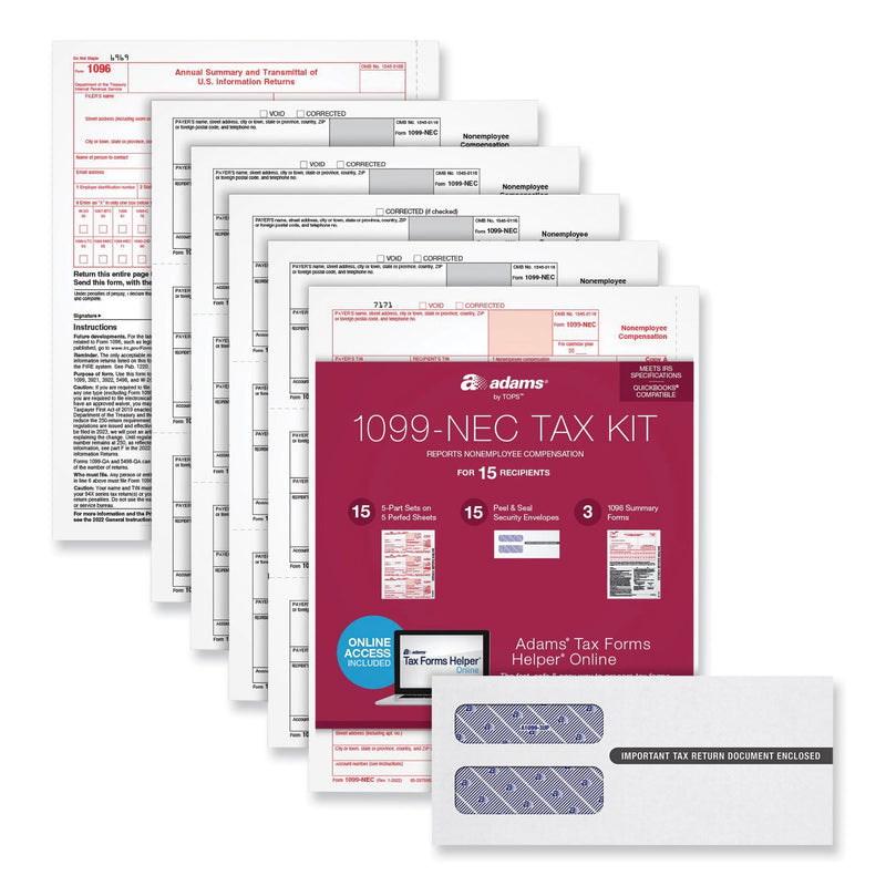 Adams Five-Part 1099-NEC Online Tax Kit, Five-Part Carbonless, 3.66 x 8.5, 15/Pack