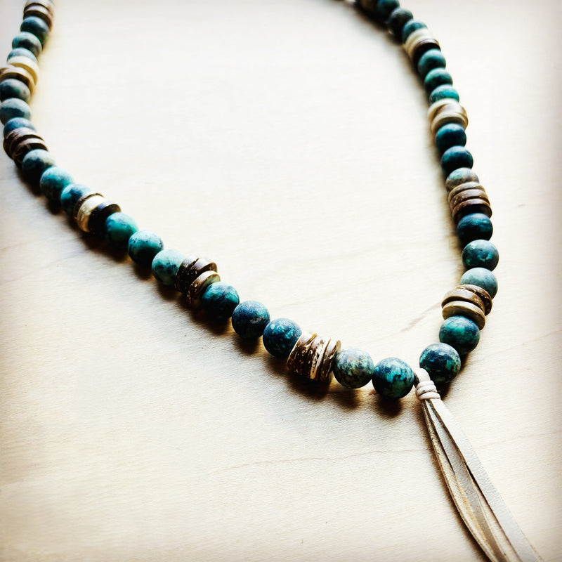 Frosted African Turquoise Necklace Wood Beads Leather Tassel 257z