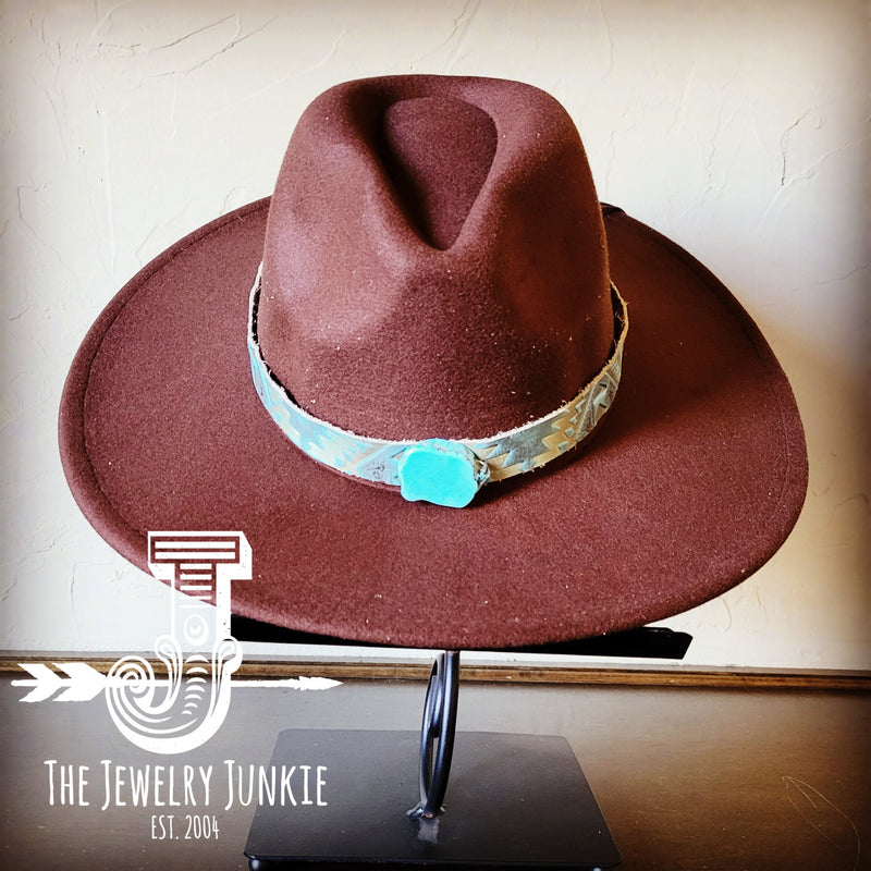 Boho Western Felt Hat w/ Choice of Leather Hat Band w/ Turquoise Slab-Brown 980h