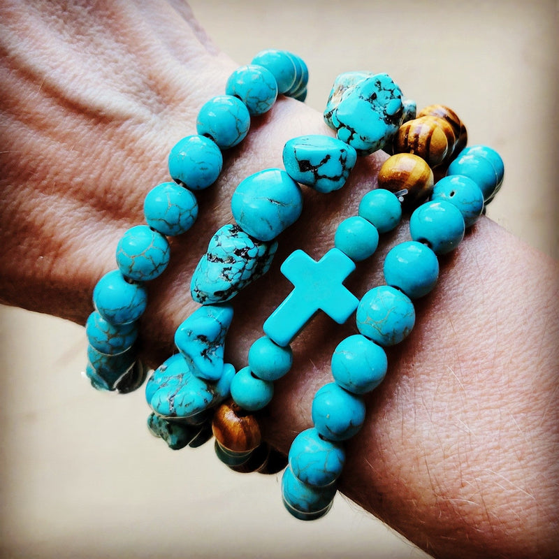 Bracelet Bar-Wood & Blue Turquoise Beads 806u
