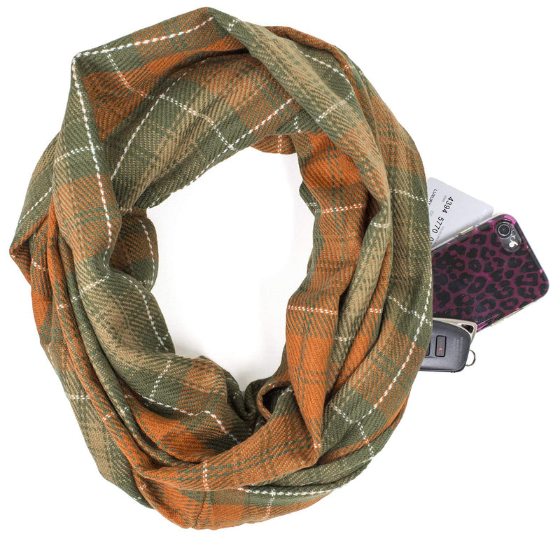 stylesilove Winter Plaid Infinity Scarf with Hidden Zipper Pocket Fashion Travel Scarf for Women and Men