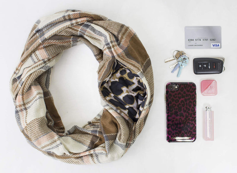 stylesilove Winter Plaid Infinity Scarf with Hidden Zipper Pocket Fashion Travel Scarf for Women and Men