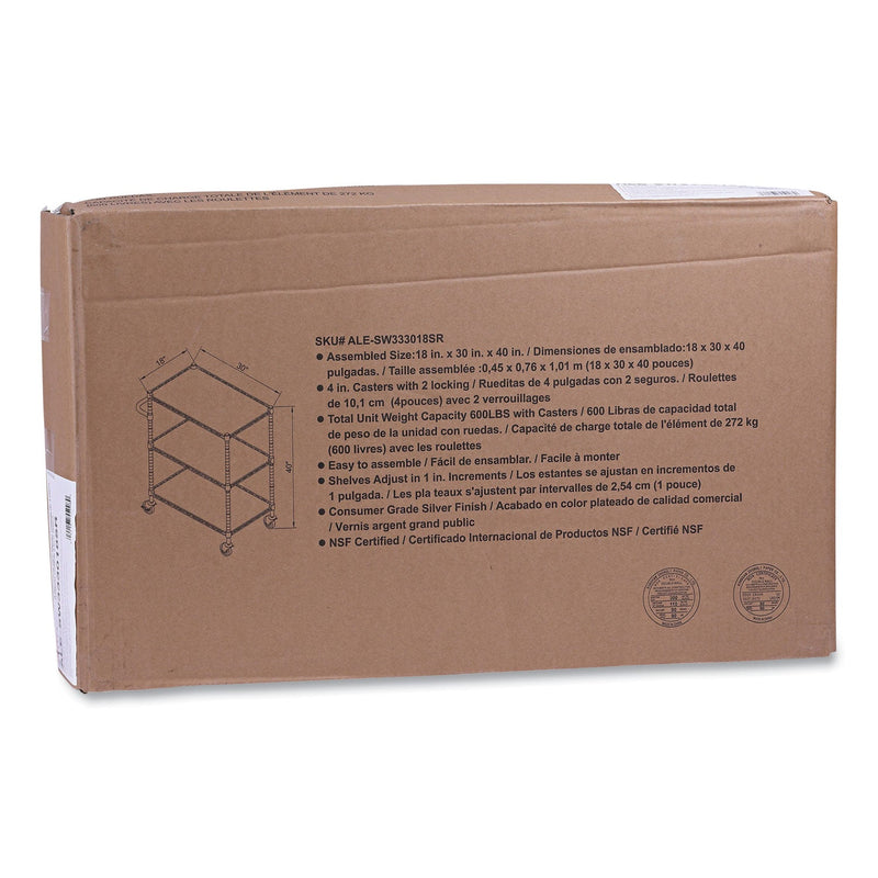 Alera Three-Shelf Wire Cart with Liners, Metal, 3 Shelves, 600 lb Capacity, 34.5" x 18" x 40", Silver