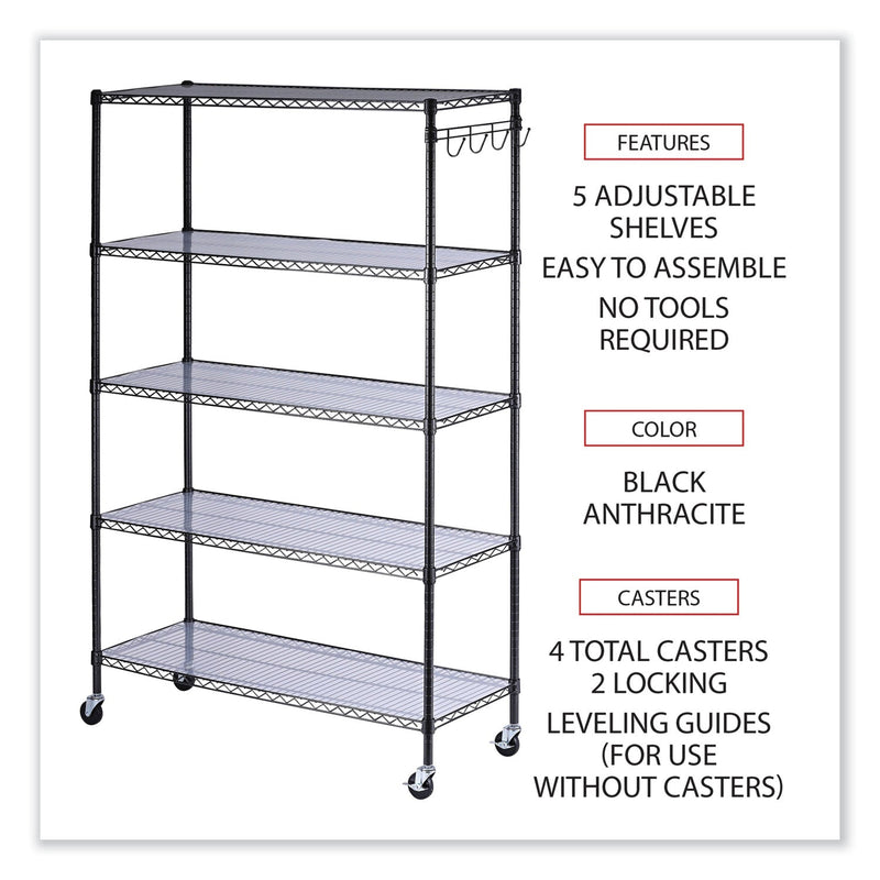 Alera 5-Shelf Wire Shelving Kit with Casters and Shelf Liners, 48w x 18d x 72h, Black Anthracite