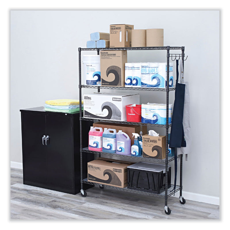 Alera 5-Shelf Wire Shelving Kit with Casters and Shelf Liners, 48w x 18d x 72h, Black Anthracite