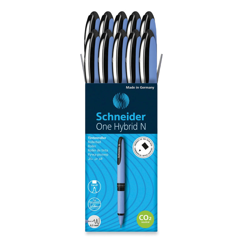 Schneider One Hybrid N Roller Ball Pen, Stick, Fine 0.5 mm, Black Ink, Blue Barrel, 10/Box