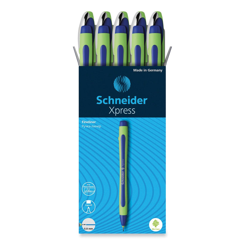 Schneider Xpress Fineliner Porous Point Pen, Stick, Medium 0.8 mm, Blue Ink, Blue/Green Barrel, 10/Box