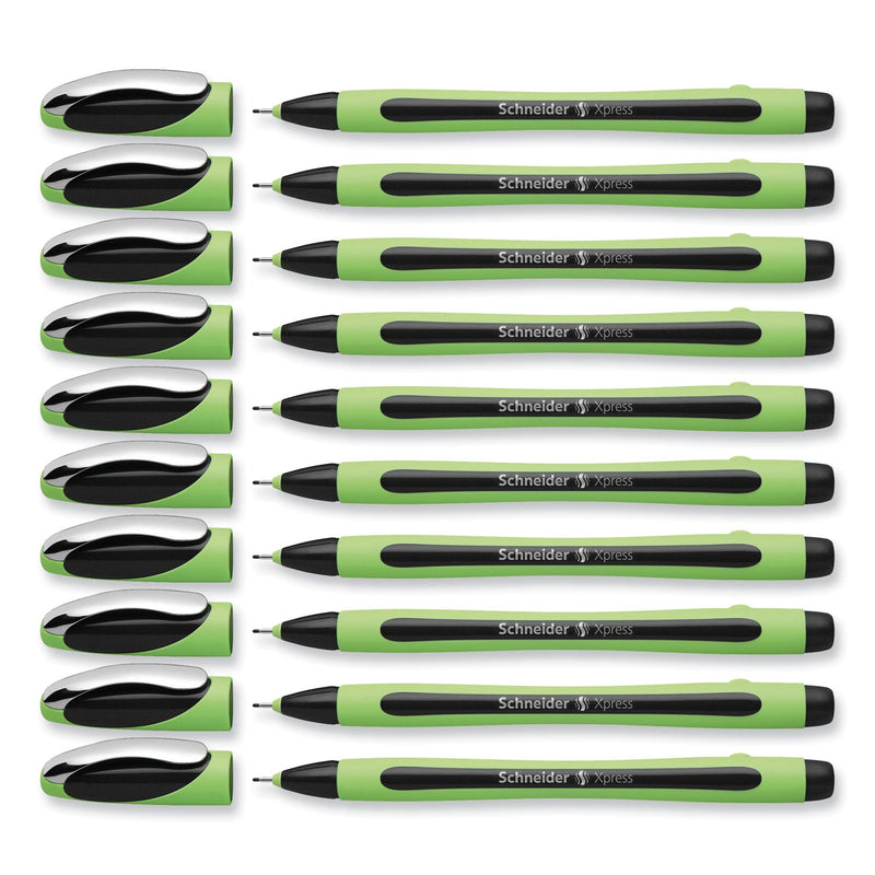 Schneider Xpress Fineliner Porous Point Pen, Stick, Medium 0.8 mm, Black Ink, Black/Green Barrel, 10/Box