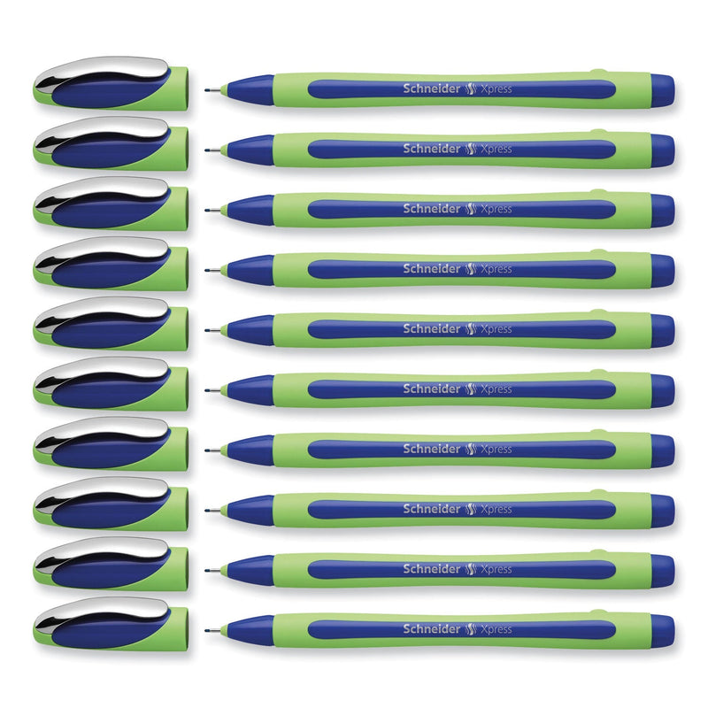 Schneider Xpress Fineliner Porous Point Pen, Stick, Medium 0.8 mm, Blue Ink, Blue/Green Barrel, 10/Box