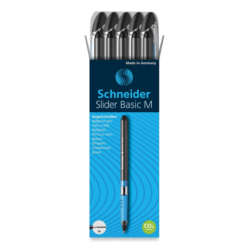 Schneider Slider Basic Ballpoint Pen, Stick, Medium 0.8 mm, Black Ink, Black Barrel, 10/Box