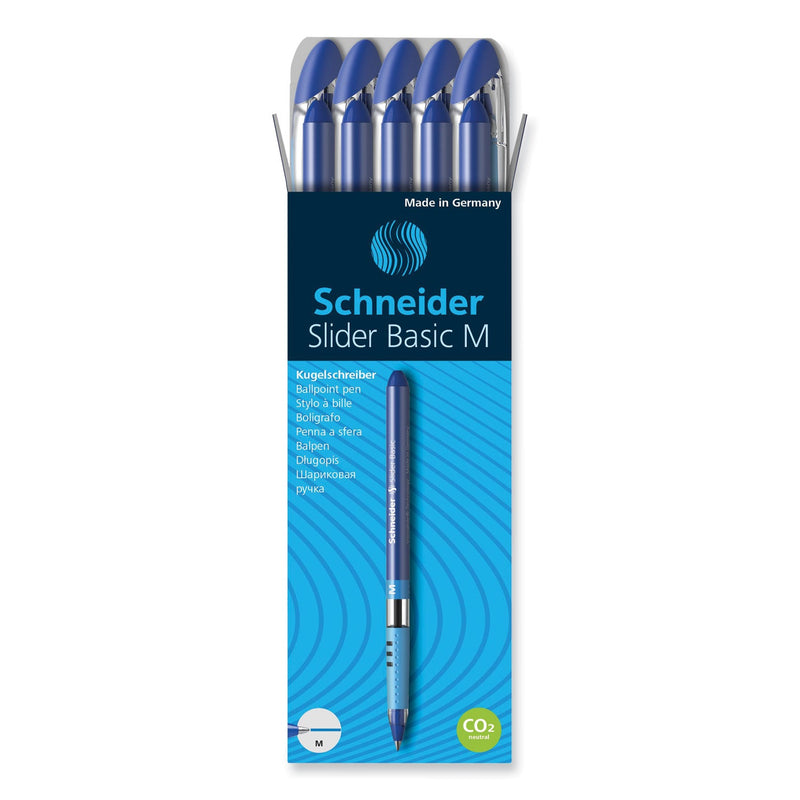 Schneider Slider Basic Ballpoint Pen, Stick, Medium 0.8 mm, Blue Ink, Blue Barrel, 10/Box