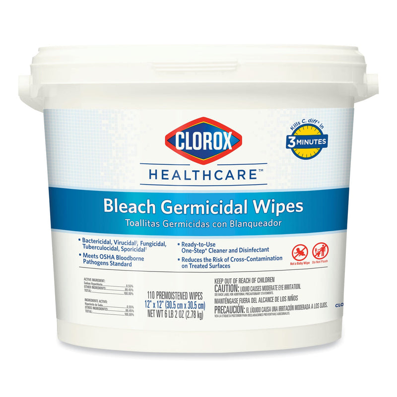 Clorox Bleach Germicidal Wipes, 12 x 12, Unscented, 110/Bucket