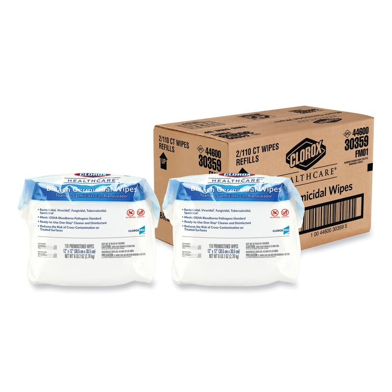 Clorox Bleach Germicidal Wipes, 12 x 12, Unscented, 110/Refill, 2/Carton
