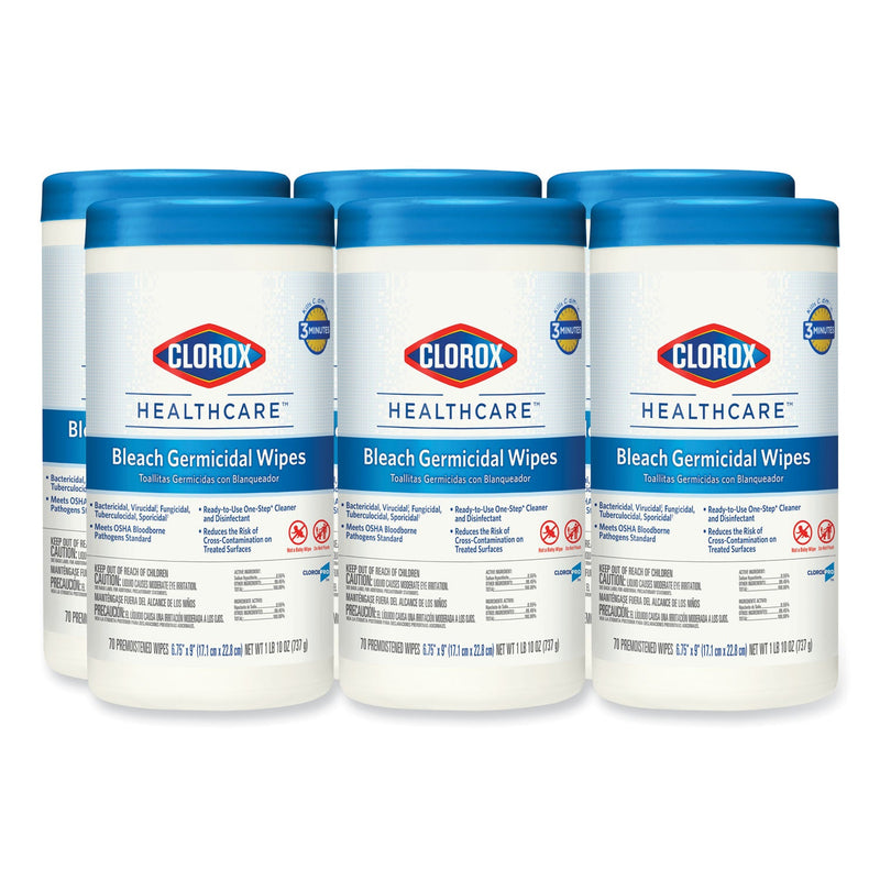 Clorox Bleach Germicidal Wipes, 6.75 x 9, Unscented, 70/Canister