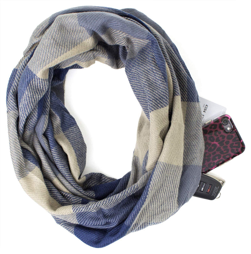 stylesilove Winter Plaid Infinity Scarf with Hidden Zipper Pocket Fashion Travel Scarf for Women and Men