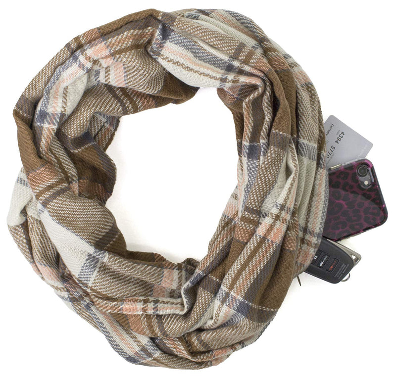 stylesilove Winter Plaid Infinity Scarf with Hidden Zipper Pocket Fashion Travel Scarf for Women and Men