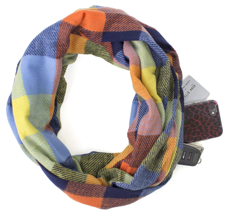 stylesilove Winter Plaid Infinity Scarf with Hidden Zipper Pocket Fashion Travel Scarf for Women and Men