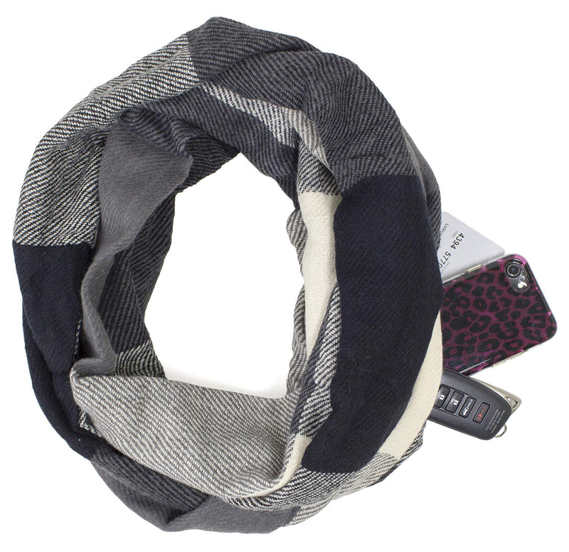 stylesilove Winter Plaid Infinity Scarf with Hidden Zipper Pocket Fashion Travel Scarf for Women and Men