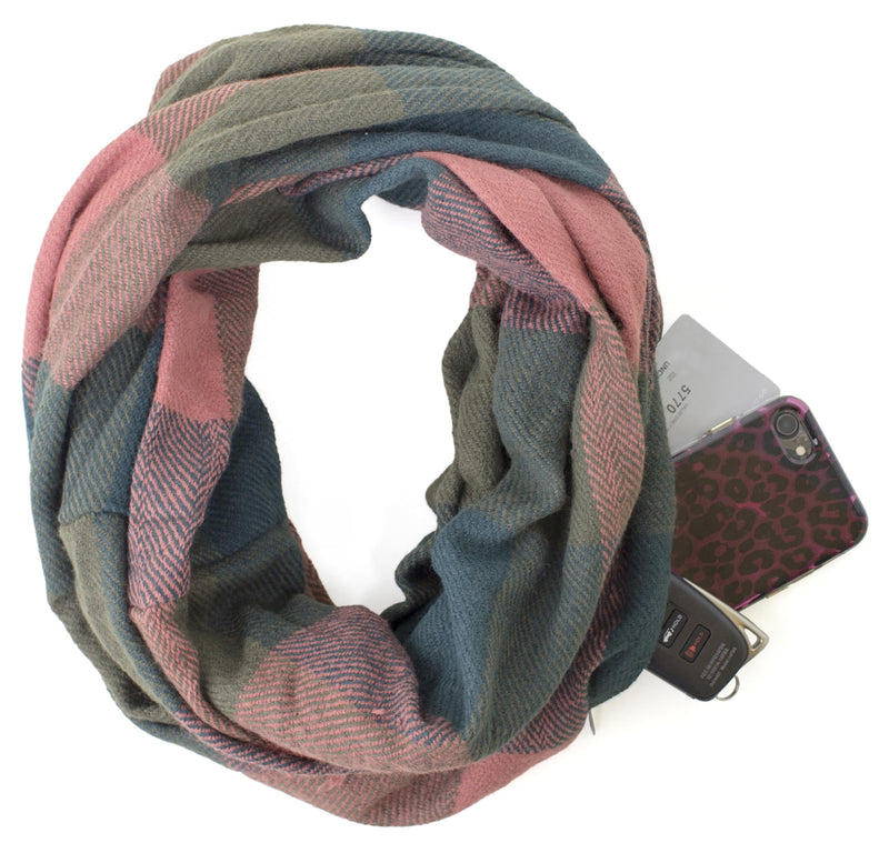 stylesilove Winter Plaid Infinity Scarf with Hidden Zipper Pocket Fashion Travel Scarf for Women and Men