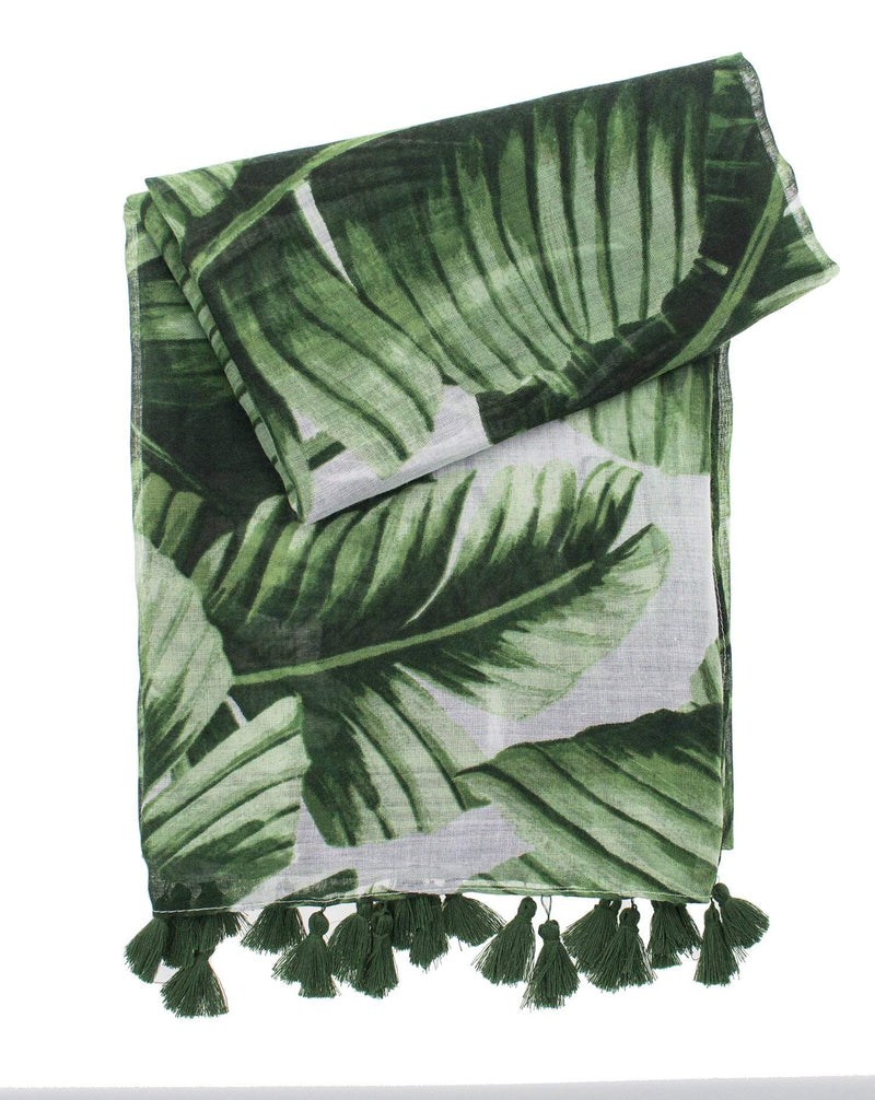 stylesilove Womens Cozy Tassels Oblong Cotton Scarf Lightweight Shawls Wrap (Palm Leaf/Green)