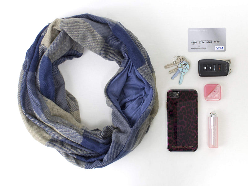 stylesilove Winter Plaid Infinity Scarf with Hidden Zipper Pocket Fashion Travel Scarf for Women and Men