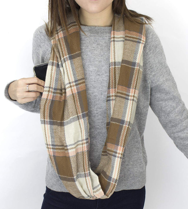 stylesilove Winter Plaid Infinity Scarf with Hidden Zipper Pocket Fashion Travel Scarf for Women and Men